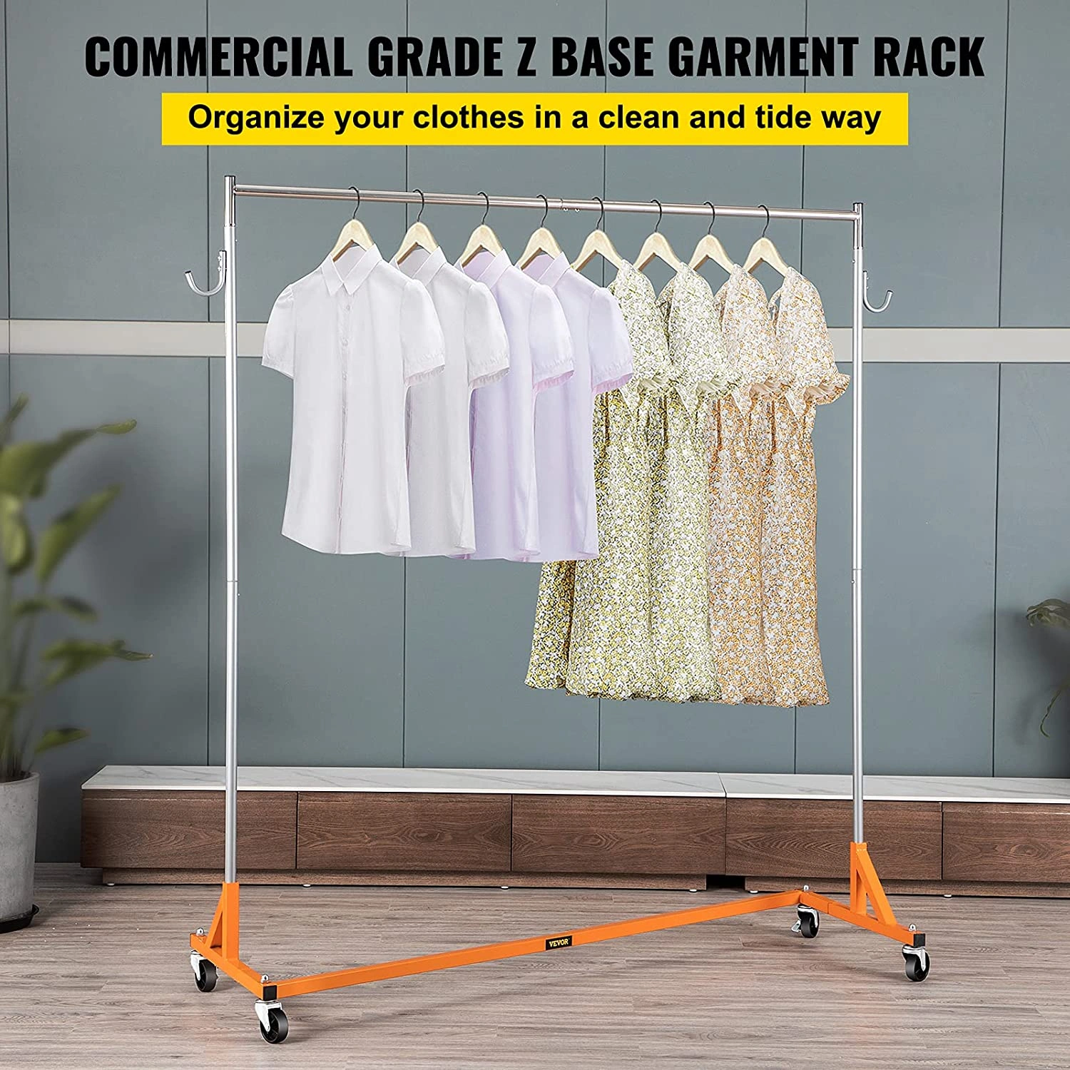 Rack Z Naranja Industrial 300lbs Ropa Robusta Ajustable para Tienda o Hogar con Ruedas Bloqueables