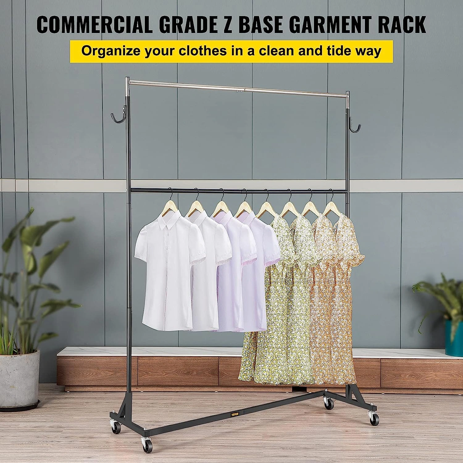 Rack Z Industrial Robusto Ajustable Ropa Tienda Casa con Ruedas Negras ¡Organiza tu estilo con fuerza y elegancia!